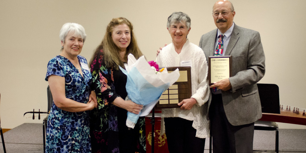 Presenters Stephanie Pulakis Stafford and Joanna Pulakis with 2015 winners Joann and John Nicon, respectively.